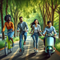 create an image of employees going to the office with different transport means : bycicle and scooter. there should be 3 or 4 employees in the picture. there should be trees and nature also