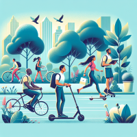 create an image of employees going to the office with different transport means : bycicle and scooter. there should be 3 or 4 employees in the picture. there should be trees and nature also