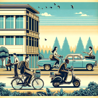 create an image of employees going to the office with different transport means : bycicle and scooter. there should be 3 or 4 employees in the picture. there should be trees and nature also. we should see them heading to the office, with a simplified picture of a building in one corner of the image