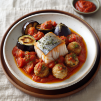 Un piatto di ceramica bianca semplice con dentro una porzione abbondante di polpette di pesce spada e melanzane con il sugo di pomodoro