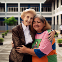 mujer de 80 años con pelo rubio con vestido formal abrazandose en un patio de colegio con señora de 45 años obesa morena con camiseta de colores arcoiris