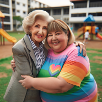 mujer de 80 años con pelo rubio con vestido formal abrazandose en un patio de colegio con señora de 45 años obesa morena con camiseta de colores arcoiris