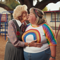 mujer de 80 años con pelo rubio con vestido formal besando a señora de 45 años obesa morena con camiseta de colores arcoiris hippie en un patio de colegio 