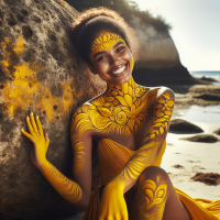 A young Colombian woman wearing full body yellow body paint is posing on a beach as she leans against a large rock and is smiling towards the camera