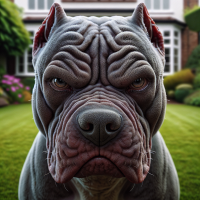 A photorealistic 4K image, captured on an iPhone 13 Pro, of a ferocious, angry, and vicious pitbull snarling at the camera. Its mouth remains tightly closed. The skin around the dog’s muzzle is stretched tight, forming deep wrinkles, while the fur along its snout and jaw stands on end, enhancing the hostile expression.  The dog’s eyes are narrowed into sharp slits, with the irises dark and slightly dilated, signaling heightened alertness. A faint glimmer reflects off the glossy surface of its eyes under the harsh sunlight, amplifying their intensity. The sclera, tinged with subtle redness along the edges, suggests irritation and stress, reinforcing the aggressive demeanor. The gaze is locked directly onto the camera, unwavering and confrontational, as if issuing a silent warning. The predatory stillness in its stare conveys a readiness to strike, with no trace of hesitation, only simmering rage held in tight control.  The muscles along the dog’s jaw and neck are visibly tensed beneath its short fur, underscoring the restrained aggression coursing through its body. In the background, a front yard with soft green grass and scattered sunlight is visible but blurred, creating depth while keeping the focus on the dog. The warm, peaceful tones of the environment contrast sharply with the dog’s threatening presence. The overall atmosphere captures a precise moment of concentrated fury, where the subtle snarl, tense musculature, and locked, predatory gaze eliminate any sense of softness or friendliness.