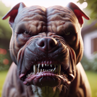 A photorealistic 4K image, captured on an iPhone 13 Pro, of a ferocious, angry, and vicious pitbull snarling at the camera. Its mouth remains tightly closed. The skin around the dog’s muzzle is stretched tight, forming deep wrinkles, while the fur along its snout and jaw stands on end, enhancing the hostile expression.  The dog’s eyes are narrowed into sharp slits, with the irises dark and slightly dilated, signaling heightened alertness. A faint glimmer reflects off the glossy surface of its eyes under the harsh sunlight, amplifying their intensity. The sclera, tinged with subtle redness along the edges, suggests irritation and stress, reinforcing the aggressive demeanor. The gaze is locked directly onto the camera, unwavering and confrontational, as if issuing a silent warning. The predatory stillness in its stare conveys a readiness to strike, with no trace of hesitation, only simmering rage held in tight control.  The muscles along the dog’s jaw and neck are visibly tensed beneath its short fur, underscoring the restrained aggression coursing through its body. In the background, a front yard with soft green grass and scattered sunlight is visible but blurred, creating depth while keeping the focus on the dog. The warm, peaceful tones of the environment contrast sharply with the dog’s threatening presence. The overall atmosphere captures a precise moment of concentrated fury, where the subtle snarl, tense musculature, and locked, predatory gaze eliminate any sense of softness or friendliness.