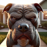 A photorealistic 4K image, captured on an iPhone 13 Pro, of a ferocious, angry, and vicious pitbull snarling at the camera. Its mouth remains tightly closed. The skin around the dog’s muzzle is stretched tight, forming deep wrinkles, while the fur along its snout and jaw stands on end, enhancing the hostile expression.  The dog’s eyes are narrowed into sharp slits, with the irises dark and slightly dilated, signaling heightened alertness. A faint glimmer reflects off the glossy surface of its eyes under the harsh sunlight, amplifying their intensity. The sclera, tinged with subtle redness along the edges, suggests irritation and stress, reinforcing the aggressive demeanor. The gaze is locked directly onto the camera, unwavering and confrontational, as if issuing a silent warning. The predatory stillness in its stare conveys a readiness to strike, with no trace of hesitation, only simmering rage held in tight control.  The muscles along the dog’s jaw and neck are visibly tensed beneath its short fur, underscoring the restrained aggression coursing through its body. In the background, a front yard with soft green grass and scattered sunlight is visible but blurred, creating depth while keeping the focus on the dog. The warm, peaceful tones of the environment contrast sharply with the dog’s threatening presence. The overall atmosphere captures a precise moment of concentrated fury, where the subtle snarl, tense musculature, and locked, predatory gaze eliminate any sense of softness or friendliness.