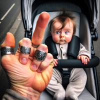 A hand giving the finger in front of a surprised baby in a stroller. 