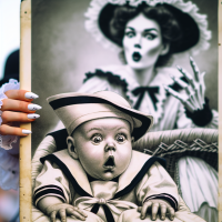 A female hand giving the finger in front of a shocked baby in a stroller. The baby is dressed in an old fashioned outfit with frills and a sailors hat.