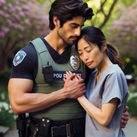 A police officer and a pretty nurse in loving embrace