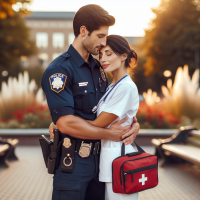 A police officer and a pretty latina nurse in loving embrace