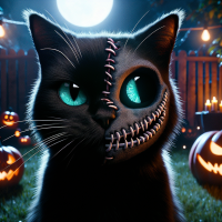 Picture Nacho as an all-black cat with striking teal eyes, one half of his face displaying a playful cat expression and the other half showing a charming zombie grin, complete with subtle stitches. He stands in a spooky backyard, surrounded by flickering jack-o'-lanterns and eerie decorations. The moonlight casts a glow on his fur, highlighting his mischievous demeanor as he prepares to haunt other cats.