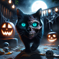 Picture Nacho as an all-black cat with piercing teal eyes that glow eerily in the moonlight. One half of his face reveals a sinister zombie grin, featuring decaying patches of fur, exposed teeth, and deep-set eye sockets that enhance his haunting appearance. His other half remains more feline, with a mischievous yet unsettling expression.  In the spooky backyard, flickering jack-o'-lanterns cast ghostly shadows, and cobwebs cling to the corners, adding to the eerie atmosphere. The ground is littered with fallen leaves and the occasional skeletal decoration, while a chilling fog creeps along the ground.  As Nacho prowls through the darkness, he lets out a low, haunting growl, sending shivers down the spines of any unsuspecting cats nearby. The camera captures him in a dynamic pose, ready to leap, with his claws slightly extended and a menacing glint in his teal eyes. The whole scene is charged with an unsettling energy, perfect for a Halloween haunting!