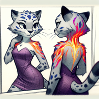 blaze the cat wearing a short purple dress looking in the mirror.