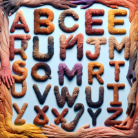 i want an alphabet of letters with skin-like texture. colours should be an interplay of soft skin tones and higher contrast, vibrant colours as a background. generate in high resolution.