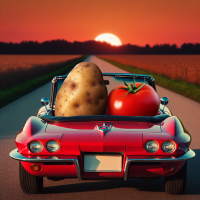 a potato and a tomato drive off into the sunset in a red corvette. the potato is driving. the top of the corvette is down. the tomato is very beautiful. the potato and the tomato are in love.