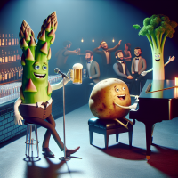 Inside a club it is refreshingly dark and cool. An asparagus tip tickles the keys of a piano. A stick of celery tends the bar. A potato orders a beer at the bar..