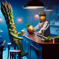 Inside a club all the customers are vegetables. It is refreshingly dark and cool. An asparagus plays a piano. A stick of celery works at the bar. A potato is ordering a beer from the celery.