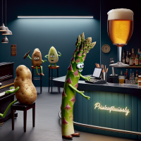 Inside a club all the customers are vegetables. It is refreshingly dark and cool. An asparagus plays a piano. A stick of celery works at the bar. A potato is ordering a beer from the celery.