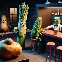 Inside a club it is refreshingly dark and cool. An asparagus plays a piano. A stick of celery works at the bar. A potato is ordering a beer from the celery.