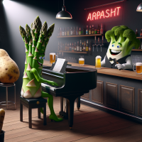 Inside a club it is refreshingly dark and cool. An asparagus is playing a piano. A stick of celery is serving customers at the bar. A potato is ordering a beer.