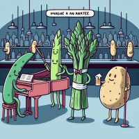 Inside a club it is refreshingly dark and cool. An asparagus is playing a piano. A stick of celery is serving customers at the bar. A potato is ordering a beer. none of the characters have faces.