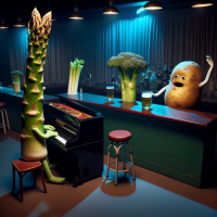 Inside a club it is refreshingly dark and cool. An asparagus is playing a piano. A stick of celery is serving customers at the bar. A potato is ordering a beer. none of the characters have faces.