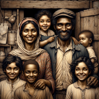 A picture of a hard working, happy interracial family that appears to be hiding struggle but overall are proud of who they are and where they live