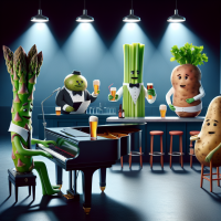 Inside a club it is refreshingly dark and cool. An asparagus is playing a piano. A stick of celery is serving customers at the bar. A potato is ordering a beer. none of the characters have faces.