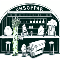 In a bar. An asparagus is playing a piano. A stick of celery is serving customers. A potato is ordering a beer. None of the characters have faces.