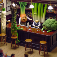 An asparagus is playing a piano. A stick of celery is serving customers. A potato is ordering a beer. None of the characters have faces.