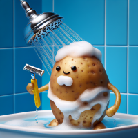 a potato is showering and shaving.