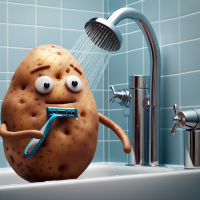 a potato is showering and shaving.