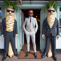 in the doorway of a bar there stands a well dressed swede flanked by two enormous evil looking parsnips in suits and dark sunglasses. 