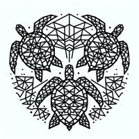 Design a minimalist, mandala style, low poly, top down view of 3 2D sea turtles headed toward the ocean, focusing on geometric lines and sharp edges. Ensure the shapes are well-defined for easy laser cutting, using distinct polygonal forms to create a stylized yet recognizable sea turtle. Plain white background. Clean and symmetrical design with with bold lines and clear divisions between the polygons.