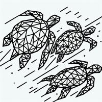 Design a minimalist, line art style, low poly, top down view of 3 2D sea turtles headed toward the ocean, focusing on geometric lines and sharp edges. Ensure the shapes are well-defined for easy laser cutting, using distinct polygonal forms to create a stylized yet recognizable sea turtle. Plain white background. Clean and symmetrical design with with bold lines and clear divisions between the polygons.