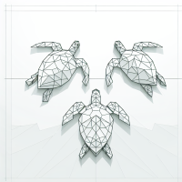 Design a minimalist, geometric style, low poly, top down view of 3 2D sea turtles headed toward the ocean, focusing on geometric lines and sharp edges. Ensure the shapes are well-defined for easy laser cutting, using distinct polygonal forms to create a stylized yet recognizable sea turtle. Plain white background. Clean and symmetrical design with with bold lines and clear divisions between the polygons.