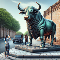 A bronze bull statue standing on a stone pavement, photographed from the front. Behind the bull are three people, one of whom is taking a photo. To the side is a road with a parked vehicle. On the right of the vehicle is a brick building, with trees visible behind it.