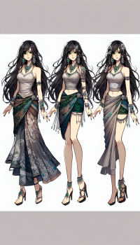 Nyai Roro Kidul:  Hair: Long, flowing dark hair with silver and emerald hairpieces. Eyes: Deep green, hinting at supernatural powers. Top: Modern, fitted with traditional Javanese batik patterns. Skirt: mini skirt, flowing fabric with traditional motifs. Footwear: Elegant sandals or ankle boots. Accessories: Silver and emerald jewelry (bracelets, necklaces, anklets). Art Style: Vibrant, detailed, capturing beauty and mystique, with fluid, graceful movements. also sexy