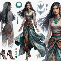 Nyai Roro Kidul:  Hair: Long, flowing dark hair with silver and emerald hairpieces. Eyes: Deep green, hinting at supernatural powers. Top: Modern, fitted with traditional Javanese batik patterns. Skirt: mini skirt, flowing fabric with traditional motifs. Footwear: Elegant sandals or ankle boots. Accessories: Silver and emerald jewelry (bracelets, necklaces, anklets). Art Style: Vibrant, detailed, capturing beauty and mystique, with fluid, graceful movements. also sexy