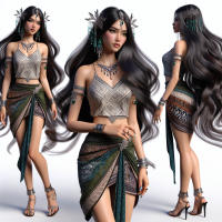 Nyai Roro Kidul:  Hair: Long, flowing dark hair with silver and emerald hairpieces. Eyes: Deep green, hinting at supernatural powers. Top: Modern, fitted with traditional Javanese batik patterns. Skirt: mini skirt, flowing fabric with traditional motifs. Footwear: Elegant sandals or ankle boots. Accessories: Silver and emerald jewelry (bracelets, necklaces, anklets). Art Style: Vibrant, detailed, capturing beauty and mystique, with fluid, graceful movements. also sexy