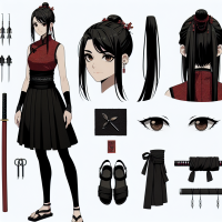 Mei:  Appearance: Long, straight black hair in a high ponytail Almond-shaped deep brown eyes Pale, flawless skin Outfit: Fitted, sleeveless red top with subtle black patterns Black mini skirt with side slits Traditional black ninja sandals Accessories: Simple black choker, small discreet earrings Black headband with a red emblem Concealed shuriken and a small dagger Visual Style: Blend of traditional Chinese elegance and ninja practicality Command: Ensure her legs are visible