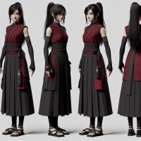 Mei:  Appearance: Long, straight black hair in a high ponytail Almond-shaped deep brown eyes Pale, flawless skin Outfit: Fitted, sleeveless red top with subtle black patterns Black mini skirt with side slits Traditional black ninja sandals Accessories: Simple black choker, small discreet earrings Black headband with a red emblem Concealed shuriken and a small dagger Visual Style: Blend of traditional Chinese elegance and ninja practicality Command: Ensure her legs are visible