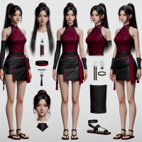 Mei:  Appearance: Long, straight black hair in a high ponytail Almond-shaped deep brown eyes Pale, flawless skin Outfit: Fitted, sleeveless red top with subtle black patterns Black mini skirt with side slits Traditional black ninja sandals Accessories: Simple black choker, small discreet earrings Black headband with a red emblem Concealed shuriken and a small dagger Visual Style: Blend of traditional Chinese elegance and ninja practicality Command: Ensure her legs are visible