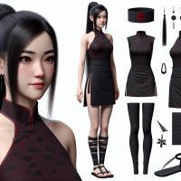 Mei:  Appearance: Long, straight black hair in a high ponytail Almond-shaped deep brown eyes Pale, flawless skin Outfit: Fitted, sleeveless red top with subtle black patterns Black mini skirt with side slits Traditional black ninja sandals Accessories: Simple black choker, small discreet earrings Black headband with a red emblem Concealed shuriken and a small dagger Visual Style: Blend of traditional Chinese elegance and ninja practicality Command: Ensure her legs are visible