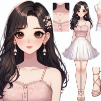 Hana:  Appearance: Long, silky black hair in loose waves Large, expressive deep brown eyes Pale, flawless skin Outfit: Fitted, sleeveless pastel pink top with lace and floral patterns White mini skirt that flares slightly Strappy pastel pink sandals with a slight heel Accessories: Pearl earrings, matching pearl bracelet, thin gold anklet Decorative hair pins or floral headband Visual Style: Blend of tradional Korean elegance and Sundanese charm