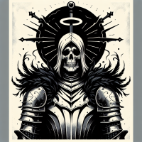 A dark fantasy poster in the style of 70’s dungeons and dragons art, of a skull knoght, wearing black and white armour with black feathers on the shoulders. With a small black halo over the head  