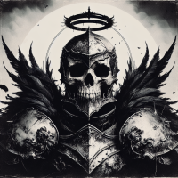 A dark fantasy poster in the style of 70’s Dungeons and dragons art, of a skull knight, wearing black and white armour with black feathers on the shoulders. With a small black halo over the head  