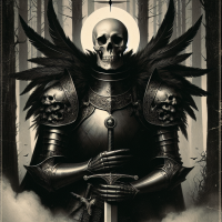 A dark fantasy poster in the style of 70’s Dungeons and dragons art, of a skull knight, wearing black and white armour with black feathers on the shoulders. With a small black halo over the head, with a black greatsword in both hands, walking through a misty forest