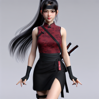 Mei:  Appearance: Long, straight black hair in a high ponytail Almond-shaped deep brown eyes Pale, flawless skin Outfit: Fitted, sleeveless red top with subtle black patterns Black mini skirt with side slits Traditional black ninja sandals Accessories: Simple black choker, small discreet earrings Black headband with a red emblem Concealed shuriken and a small dagger Visual Style: Blend of traditional Chinese elegance and ninja practicality, sexy Command: Ensure her legs are visible